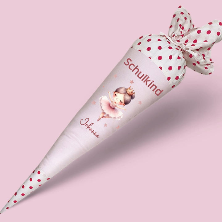 Stoffschultüte mit Namen und kleiner Tänzerin in rosa mit Punkten