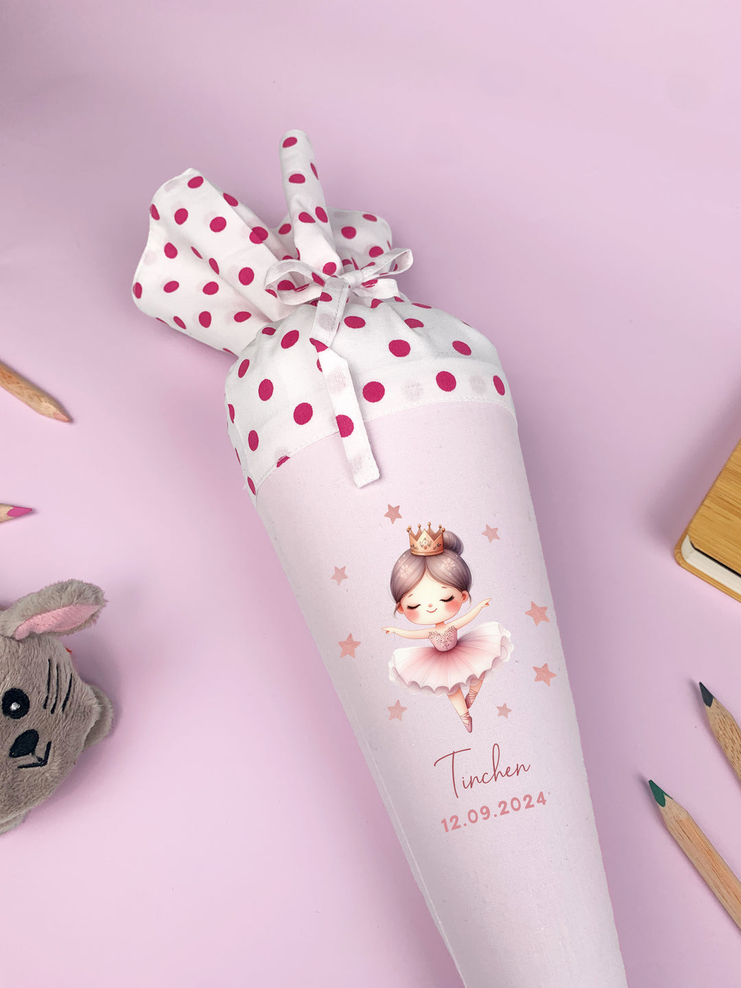 Schultüte mit Namen personalisiert aus Stoff mit Kissen in rosa - Motiv Tänzerin