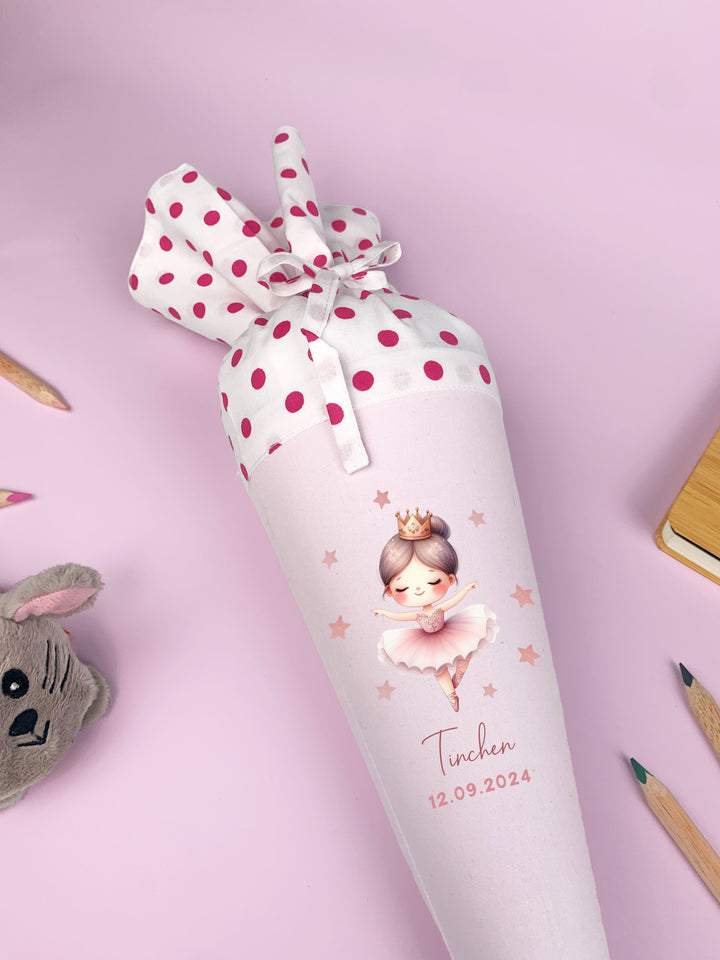 Schultüte mit Namen personalisiert aus Stoff mit Kissen in rosa - Motiv Tänzerin