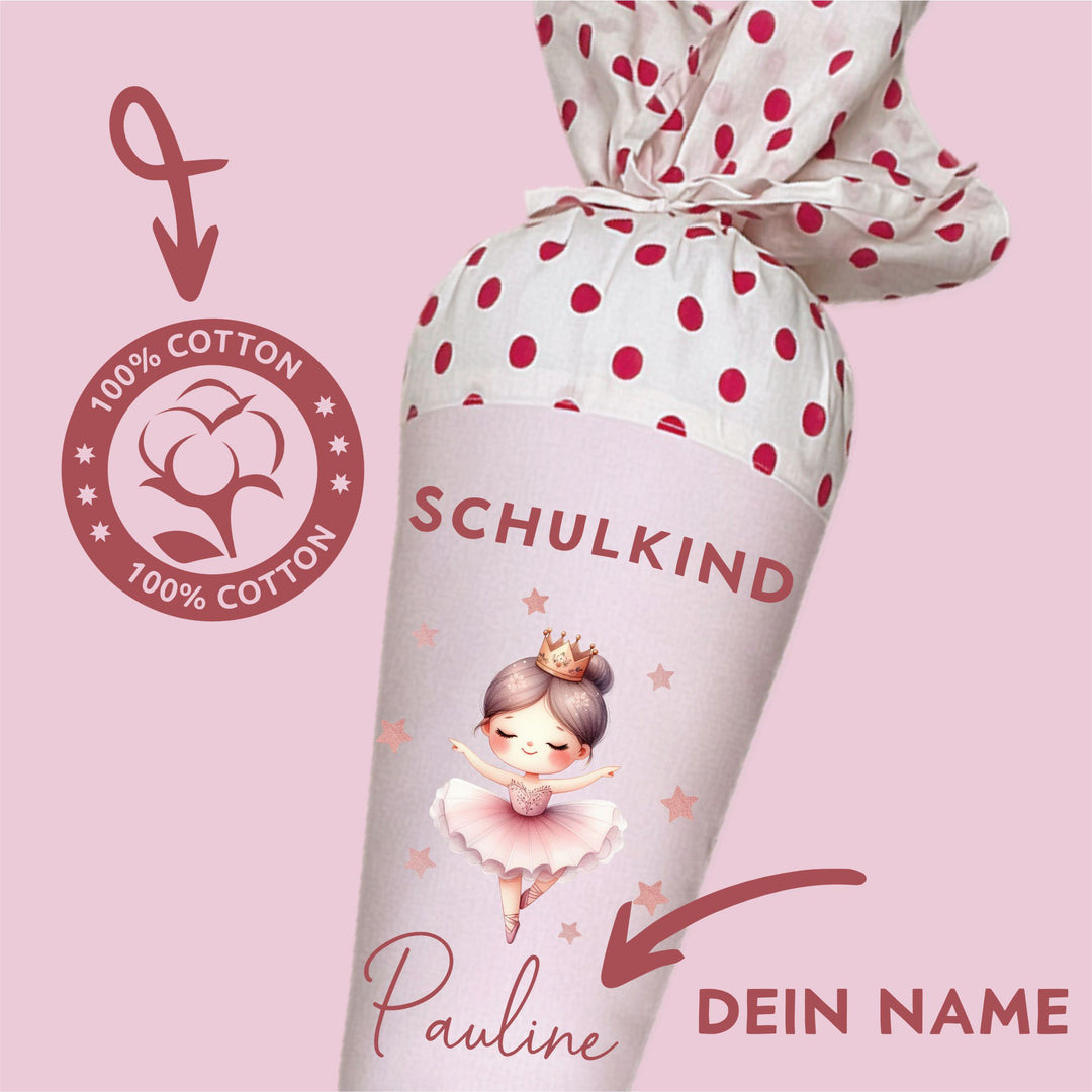 Schultüte mit Namen personalisiert aus Stoff mit Kissen in rosa - Motiv Tänzerin