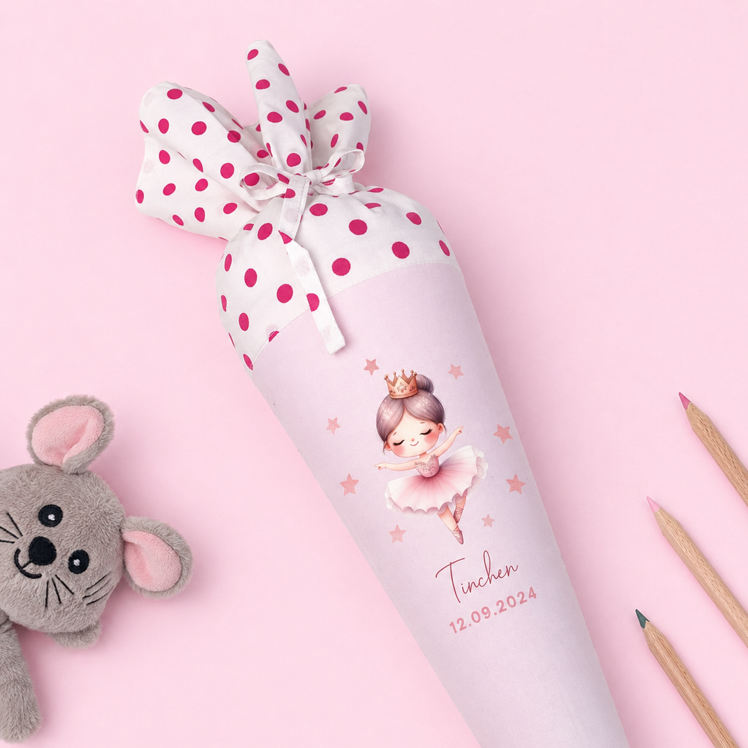 Schultüte mit Namen personalisiert aus Stoff mit Kissen in rosa - Motiv Tänzerin