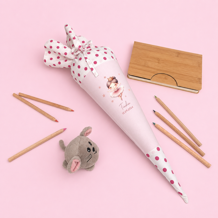 Schultüte mit Namen personalisiert aus Stoff mit Kissen in rosa - Motiv Tänzerin