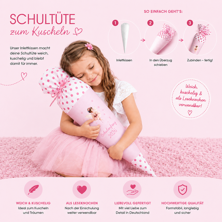 Schultüte mit Namen personalisiert aus Stoff mit Kissen in rosa - Motiv Tänzerin