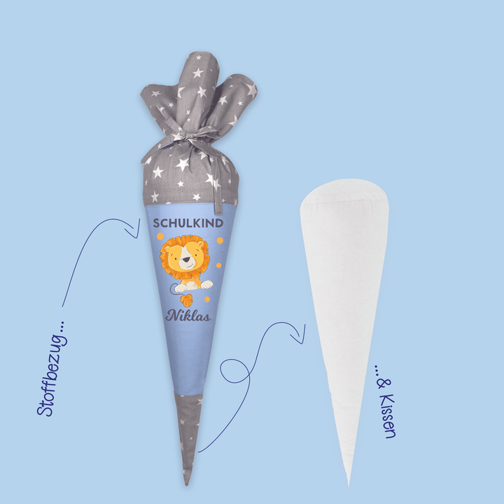 Schultüte aus Stoff mit Kissen und Namen personalisiert in blau- Motiv Loewe mit Punkten