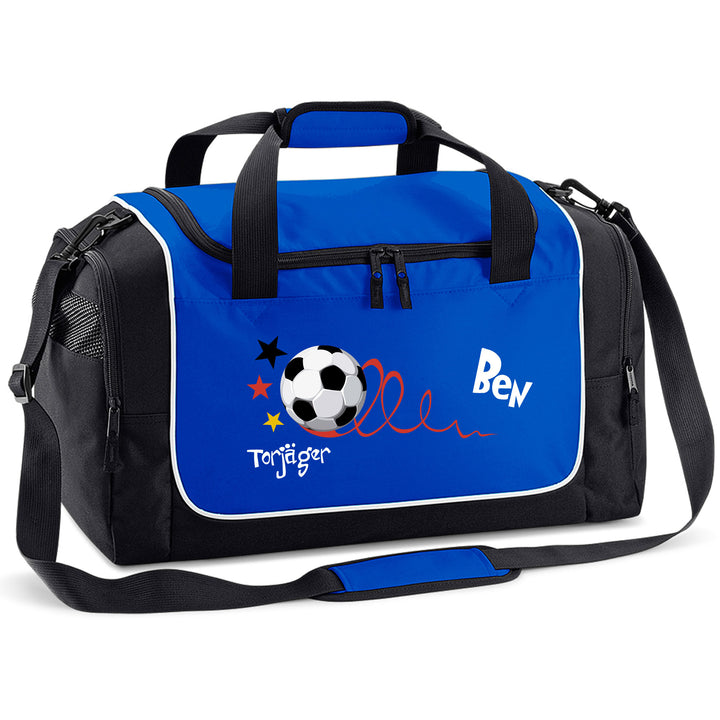 Kinder-Sporttasche mit Namen personalisiert 30L royal blau - Motiv Torjäger