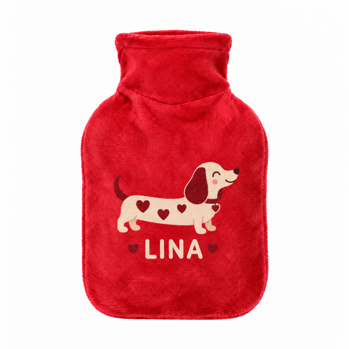 Personalisierte Kinderwärmflasche in Tomatenrot mit Dackel-Motiv und Name Lina