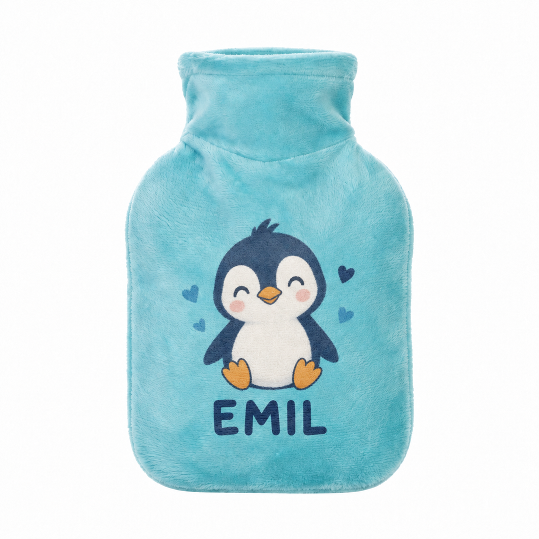 Personalisierte Kinderwärmflasche in Eisblau mit Pinguin-Motiv und Name Emil