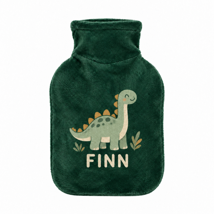 Personalisierte Kinderwärmflasche in Grün mit Dino-Motiv und Name Finn