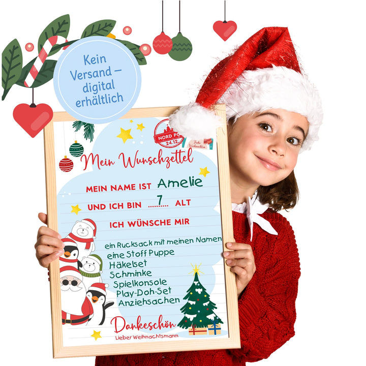 Kind holding digital Weihnachts-Wunschzettel für Kinder in Santa hat, festive Christmas design, no shipping needed