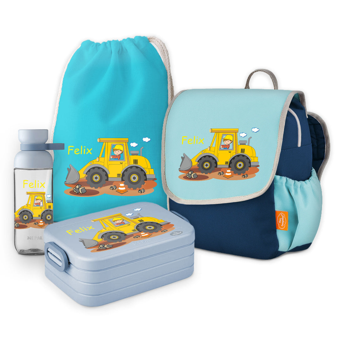 Kindergartenrucksack mit Namen – Happy Knirps 4-teiliges Set mit Baustellen-Motiv inkl. Brotdose, Trinkflasche & Turnbeutel