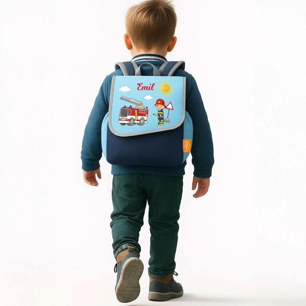 Happy Knirps Kindergartenrucksack mit  Namen - in blau Feuerwehr und Jungen