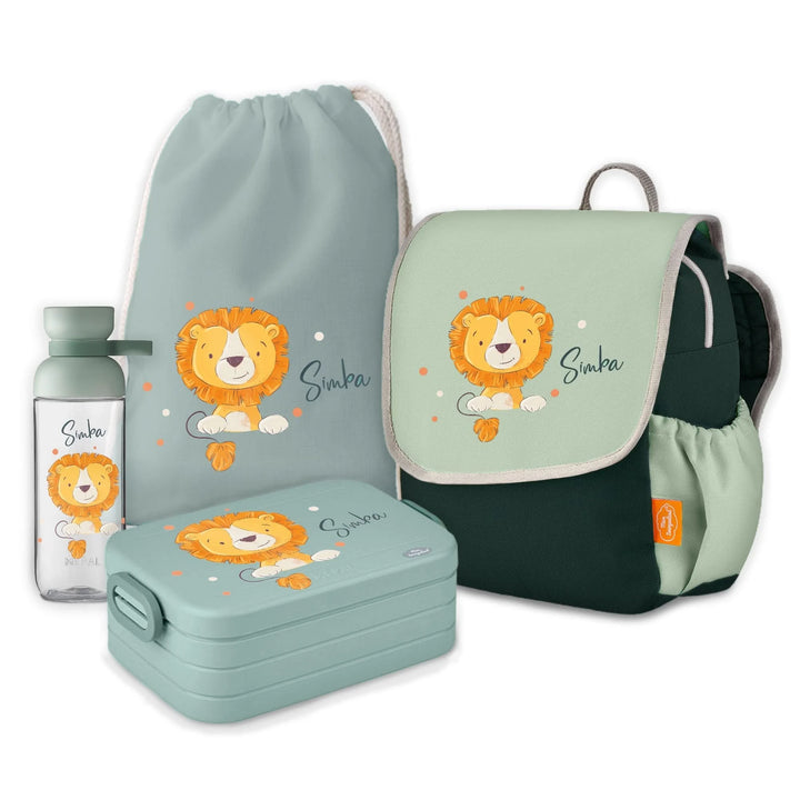 Kindergartenrucksack mit Namen – 4-teiliges Happy Knirps Set mit Motiv Löwe mit Punkten