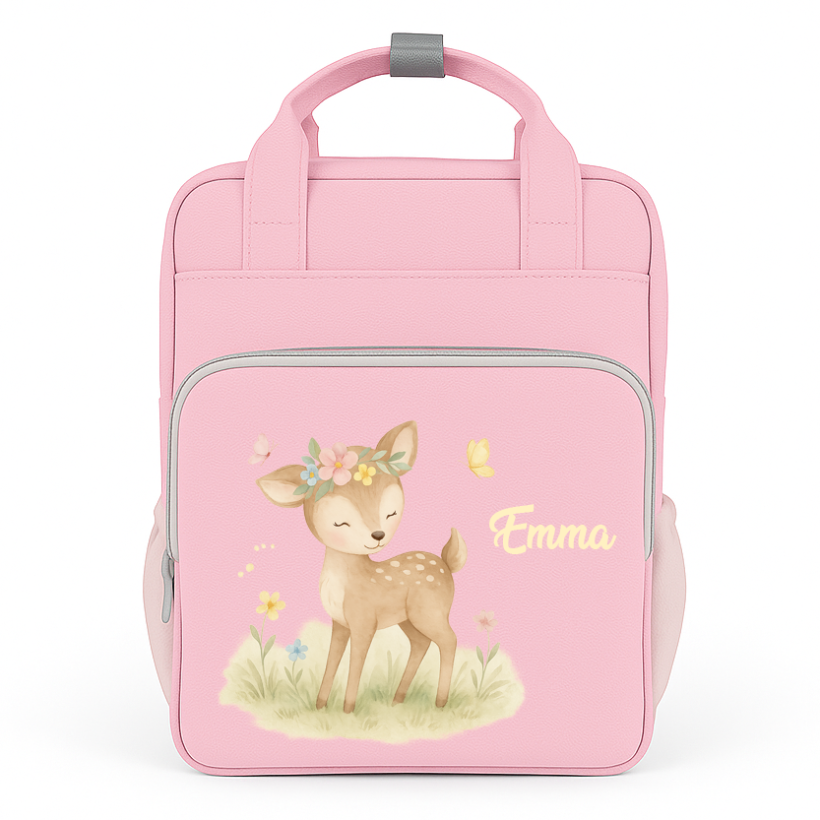 Personalisierter rosa Kindergartenrucksack Happy Style mit Schmetterlingsmotiv und Name Elisa auf der Vorderseite