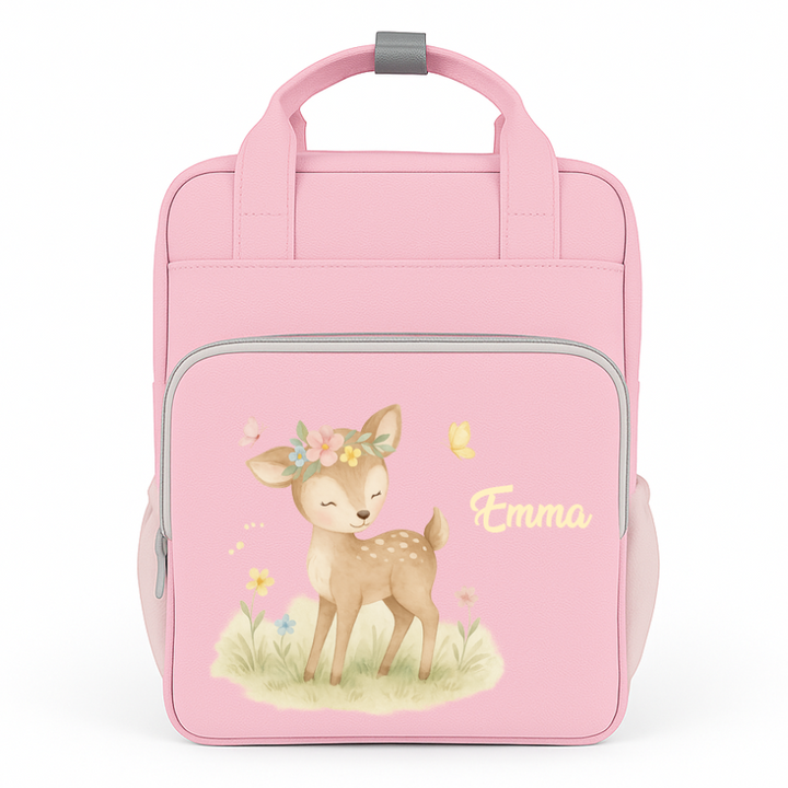 Personalisierter rosa Kindergartenrucksack Happy Style mit Schmetterlingsmotiv und Name Elisa auf der Vorderseite