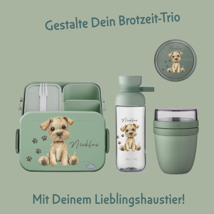 Bento Brotdose und Trinkflasche mit Namen | 3er-Pausenset nordic sage