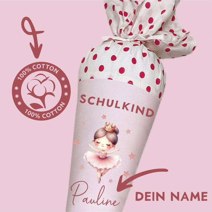 Schultüte mit Namen personalisiert aus Stoff mit Kissen in rosa - Motiv Tänzerin