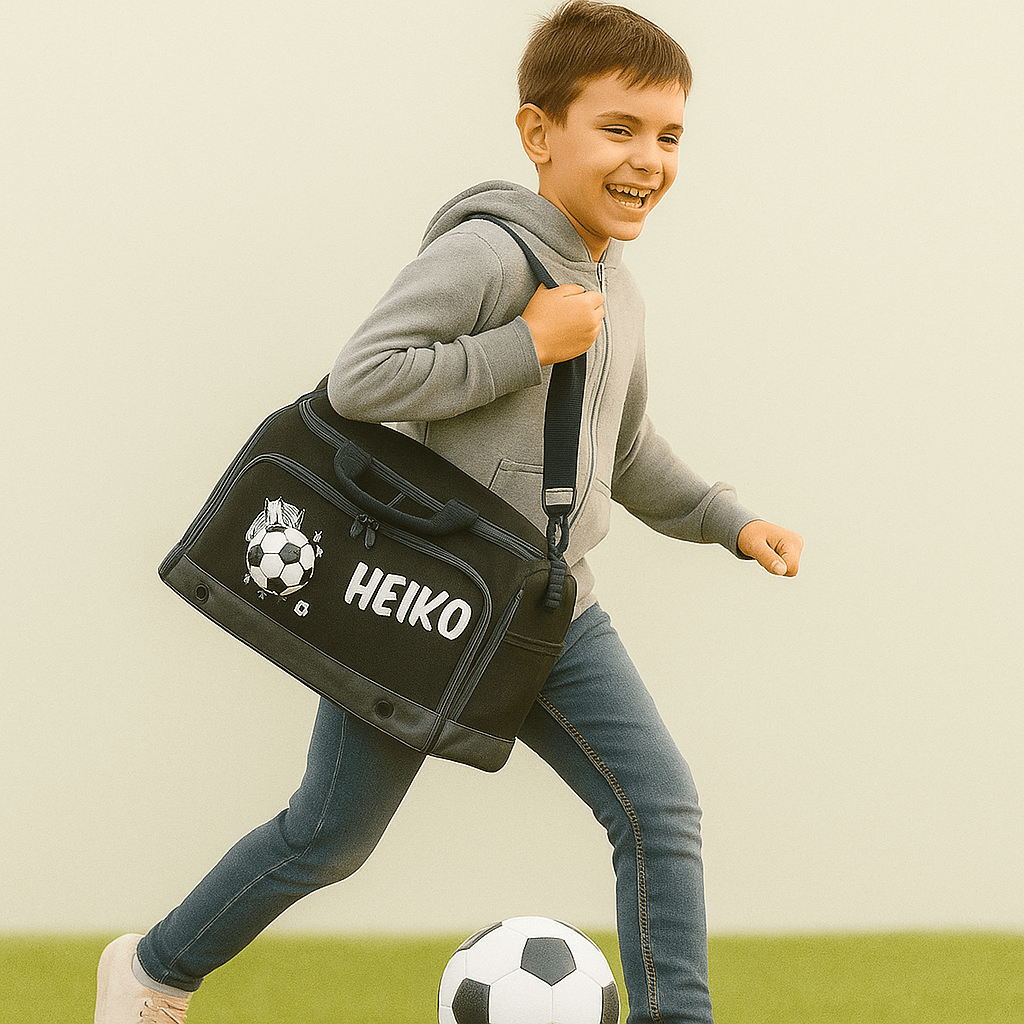 unge mit personalisierter Sporttasche mit Fußball-Motiv und Namen „Heiko“, auf hellgrünem Hintergrund – ideal für Kinder & Vereinssport