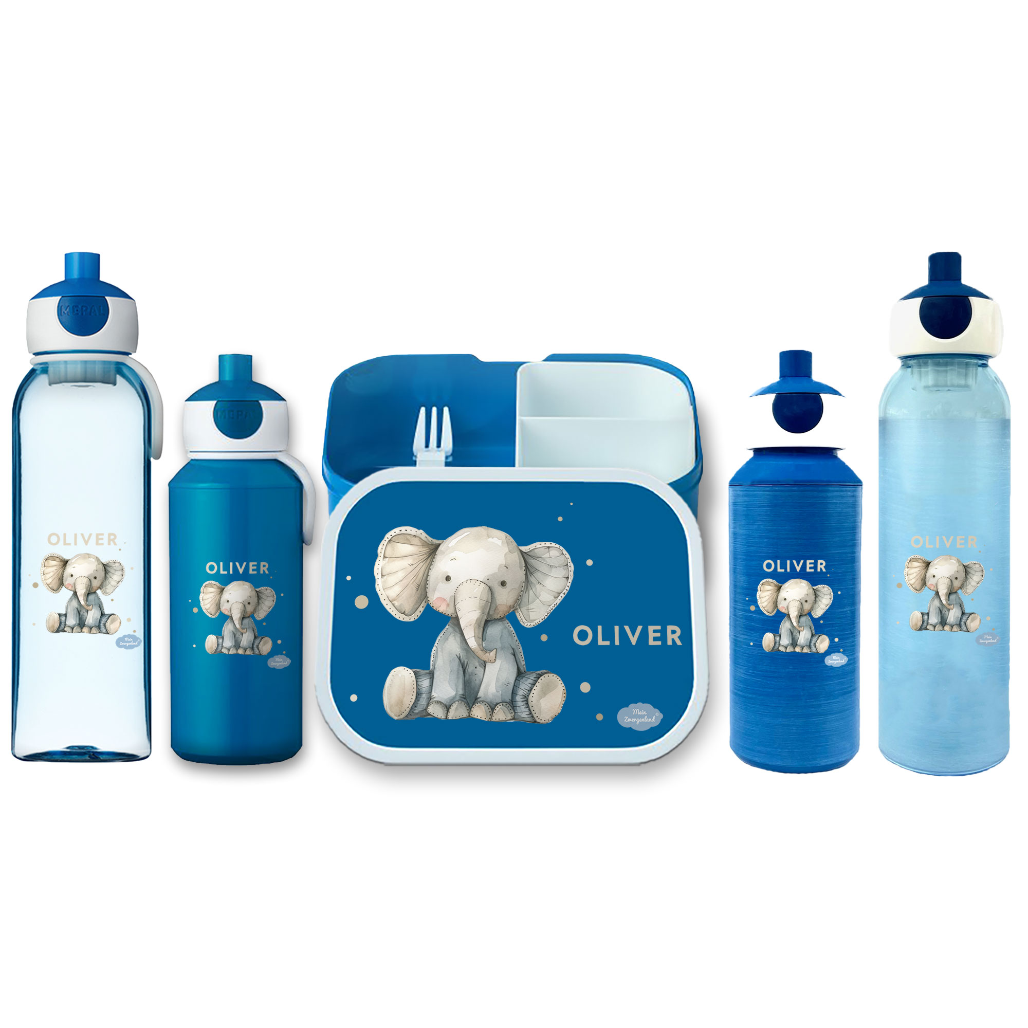 Brotdose Campus mit Bento-Einsatz - Trinkflasche Blau mit Name und Motiv Elefantenjunge
