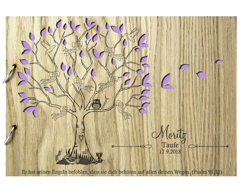 Rustikales Gästebuch aus Holz zur Taufe Motiv Baum Bunt