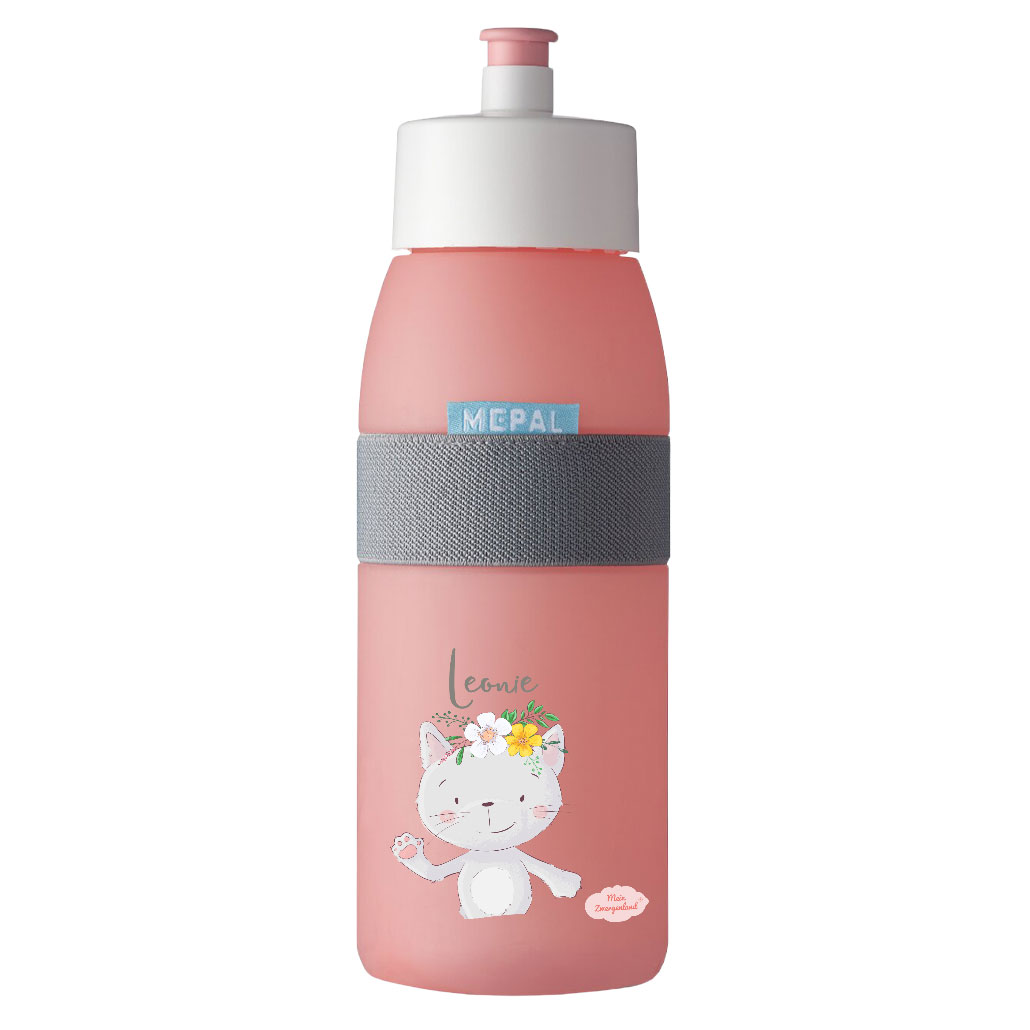 Sporttrinkflasche Ellipse in Nordic Pink mit Name und Motiv Katze mit Blumenkranz