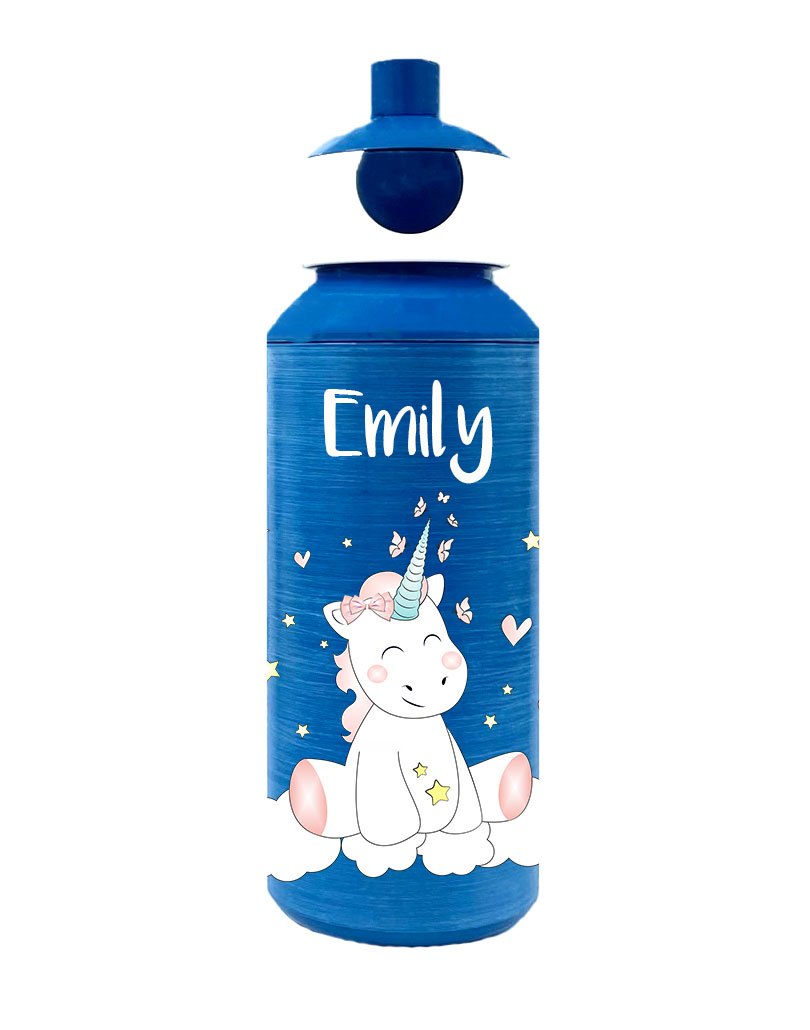 Trinkflasche Mepal Campus Pop-Up Frosted Edition in Blau mit Name und Motiv Einhorn Cutie