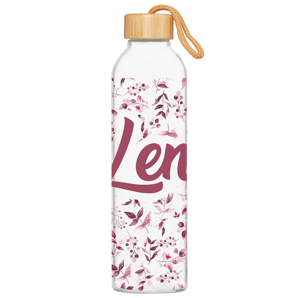 Glasflasche Luna mit Flower rot mit Name personalisiert