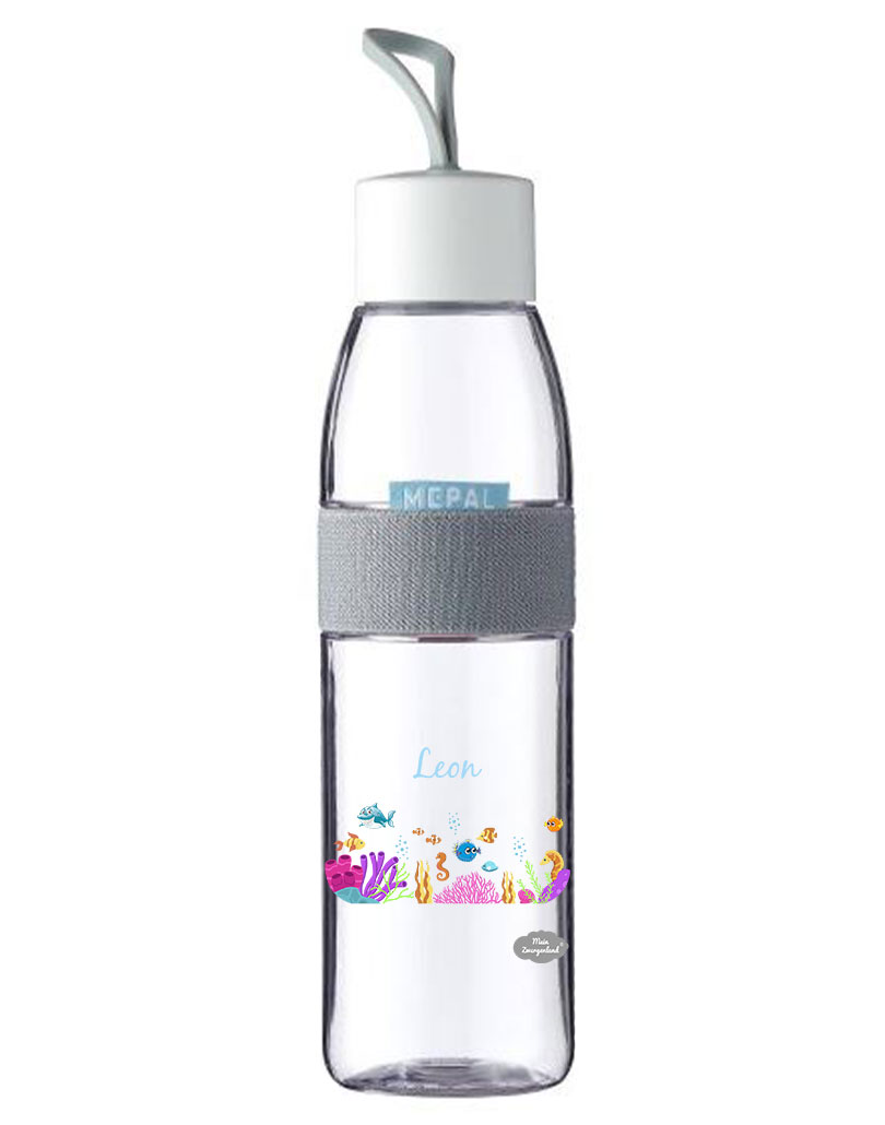 Trinkflasche Ellipse für kohlensäurehaltige Getränke in Weiß mit Name und Motiv Unterwasserwelt