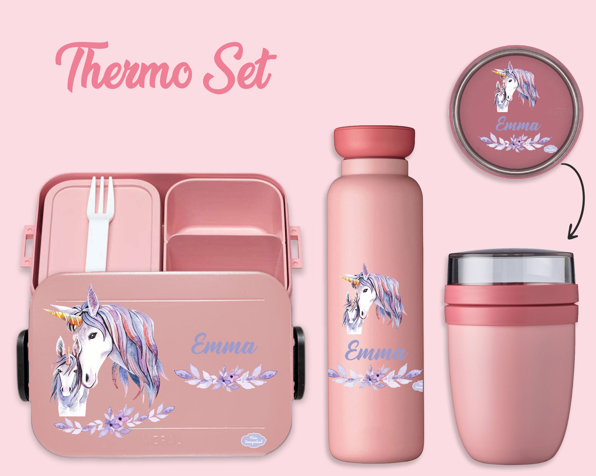 Bento Brotdose Take A Break midi - Thermoflasche Ellipse in Nordic Pink mit Name Einhorn Watercolor