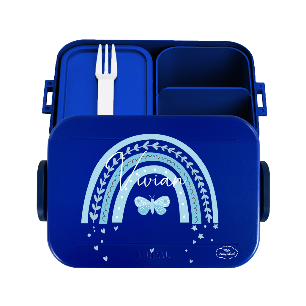 Bento Brotdose Take A Break Midi in Vivid Blue mit Name und Regenbogen Schmetterling Blau