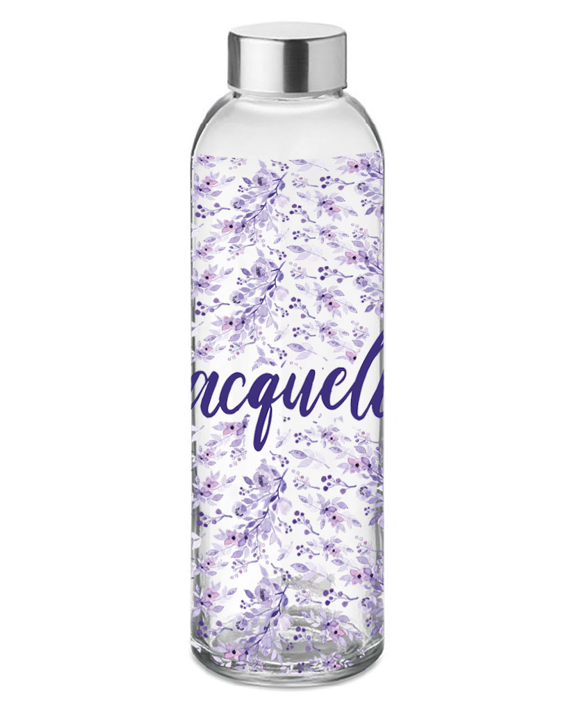 Glasflasche 500 ml mit Flower lila mit Name personalisiert
