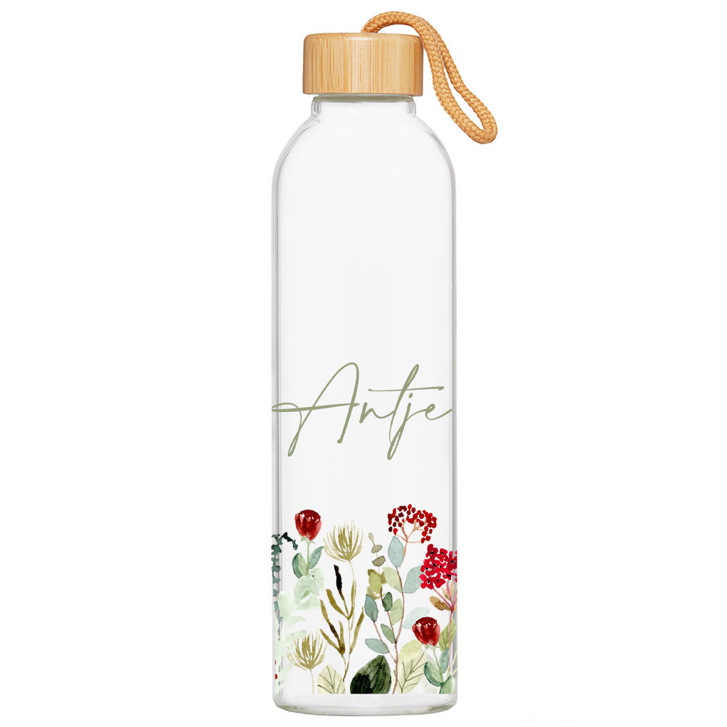 Glasflasche Luna mit Name personalisiert Motiv Blumen