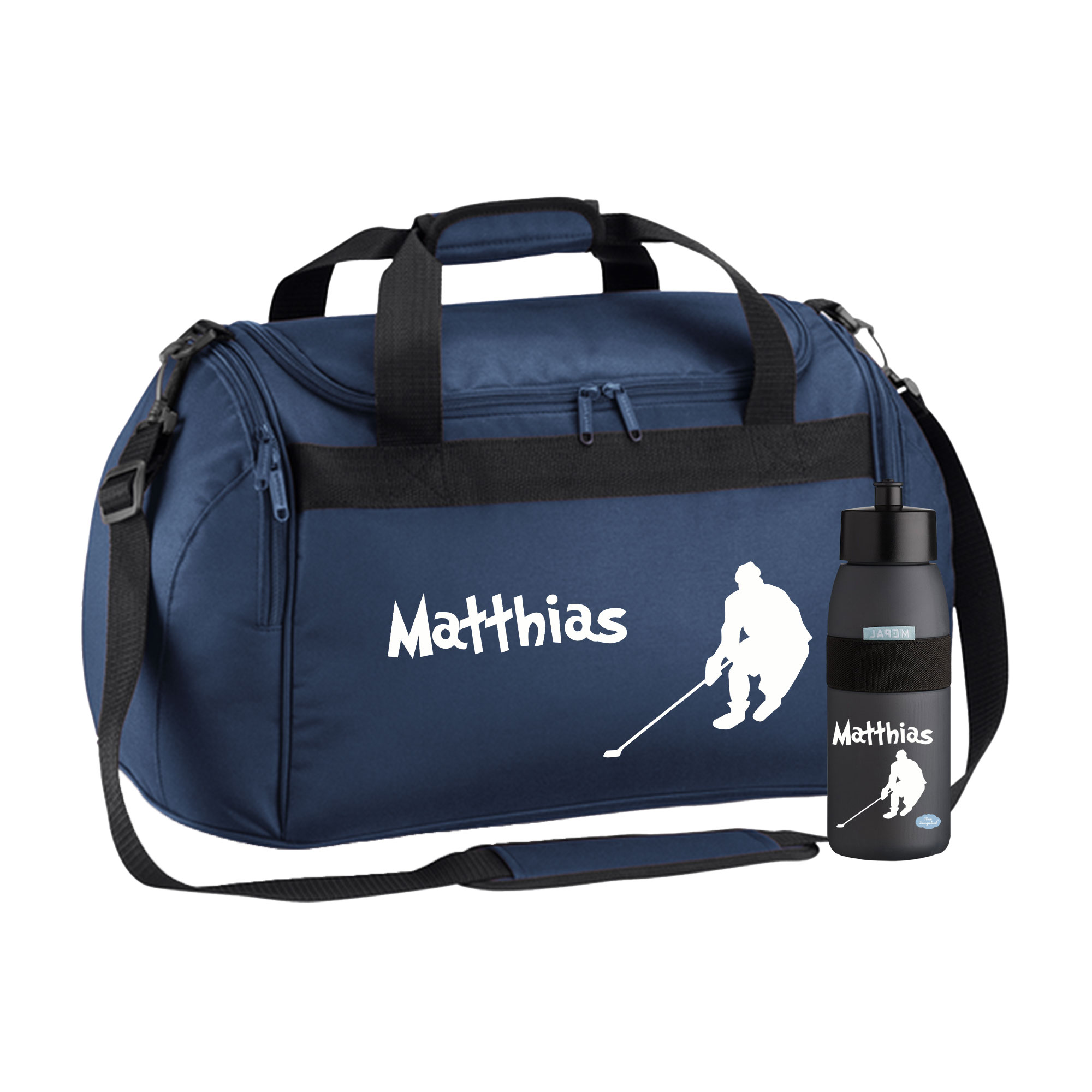 Sporttasche mit Trinkflasche 26L in Navy mit Name und Motiv Eishockey