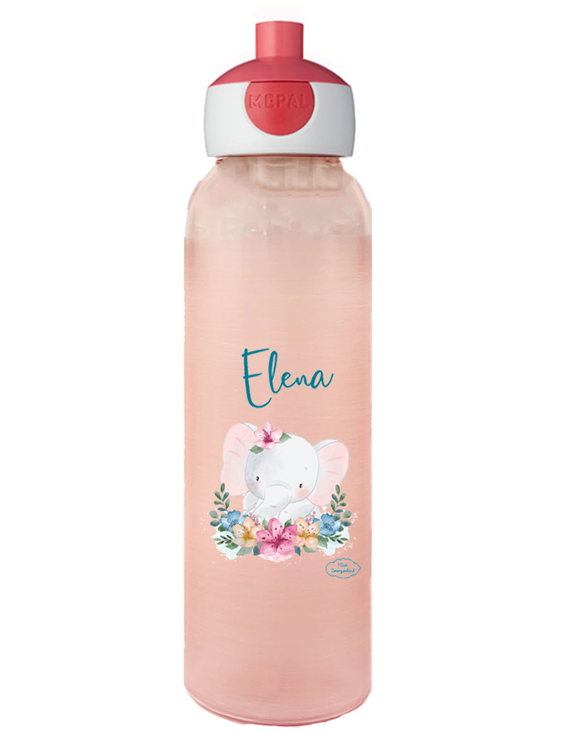 Wasserflasche Mepal Campus Frosted Edition in Rose mit Name und Motiv Elefant mit Blumen