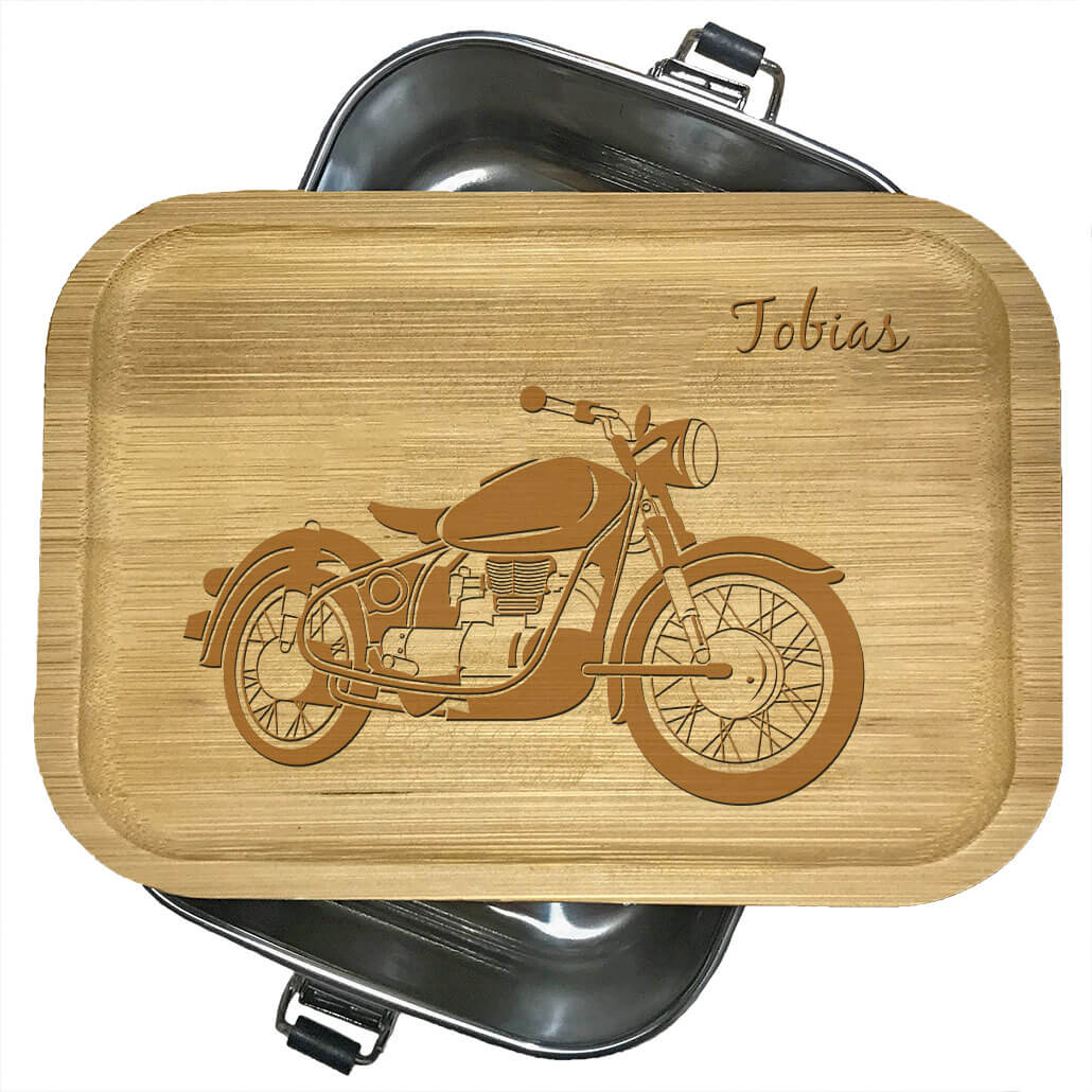 Brotdose aus Edelstahl mit Bambusdeckel mit Name und Motiv Motorrad