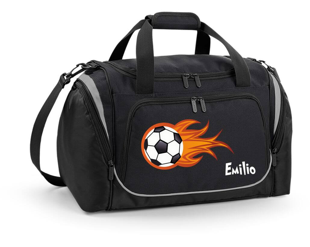 Sporttasche 39L mit Feuchtfach in Schwarz mit Name und Fußball Flammen