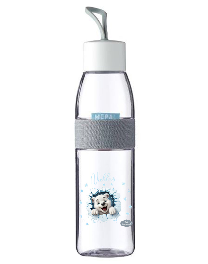 Trinkflasche Ellipse für kohlensäurehaltige Getränke in Weiß mit Name und Motiv Eisbär