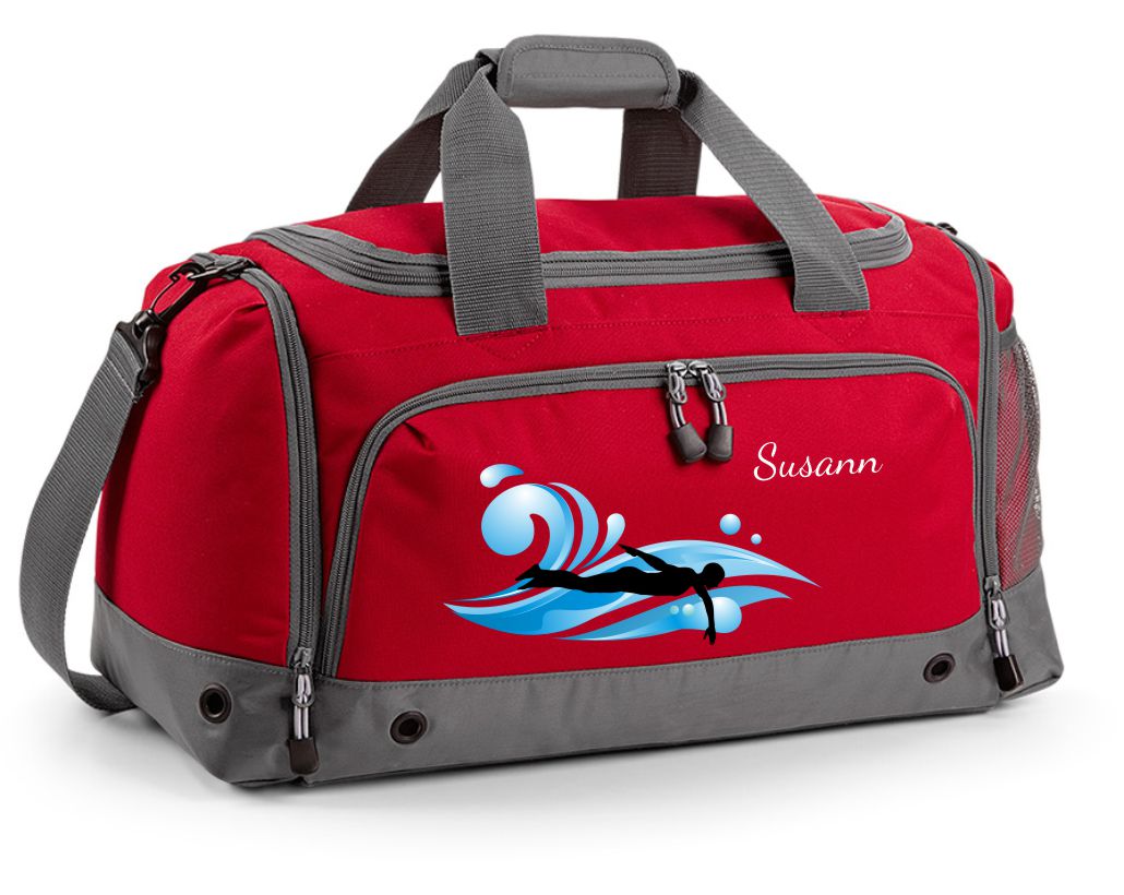 Multi-Sporttasche 41L mit Schuhfach und Feuchtfach in Rot mit Name und Schwimmen