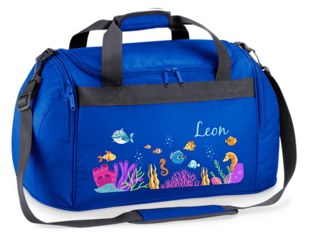 Sporttasche 26L in Royal Blau mit Name und Unterwasserwelt