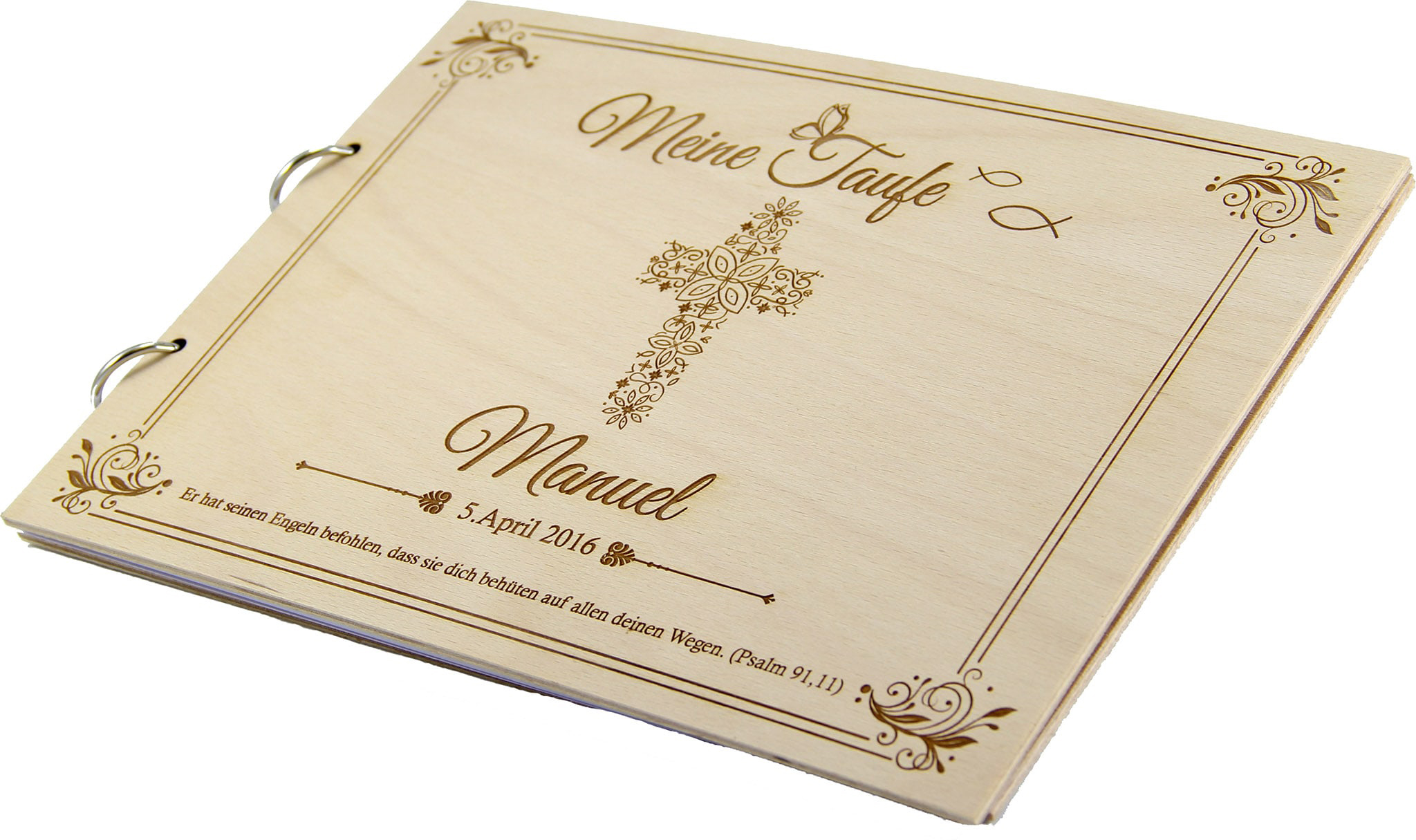 Rustikales Gästebuch aus Holz zur Taufe Motiv Kreuz