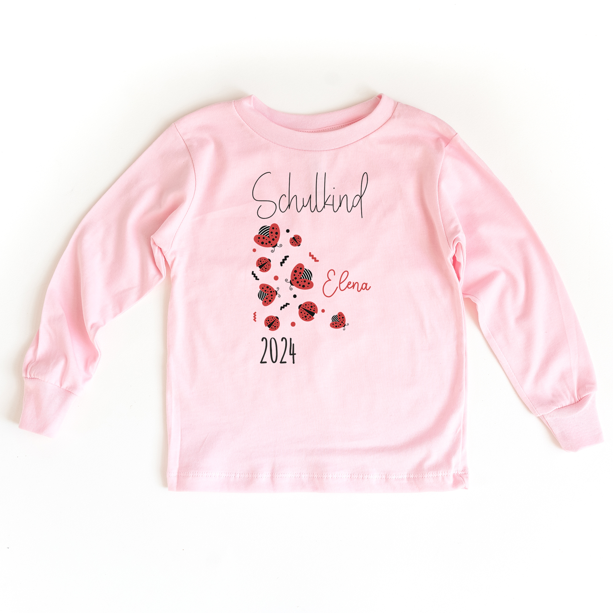 Sweatshirt zum Schulanfang in rosa mit Name und Motiv Marienkäfer