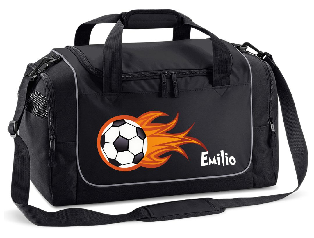 Sporttasche 38L in Schwarz mit Name und Fußball Flammen