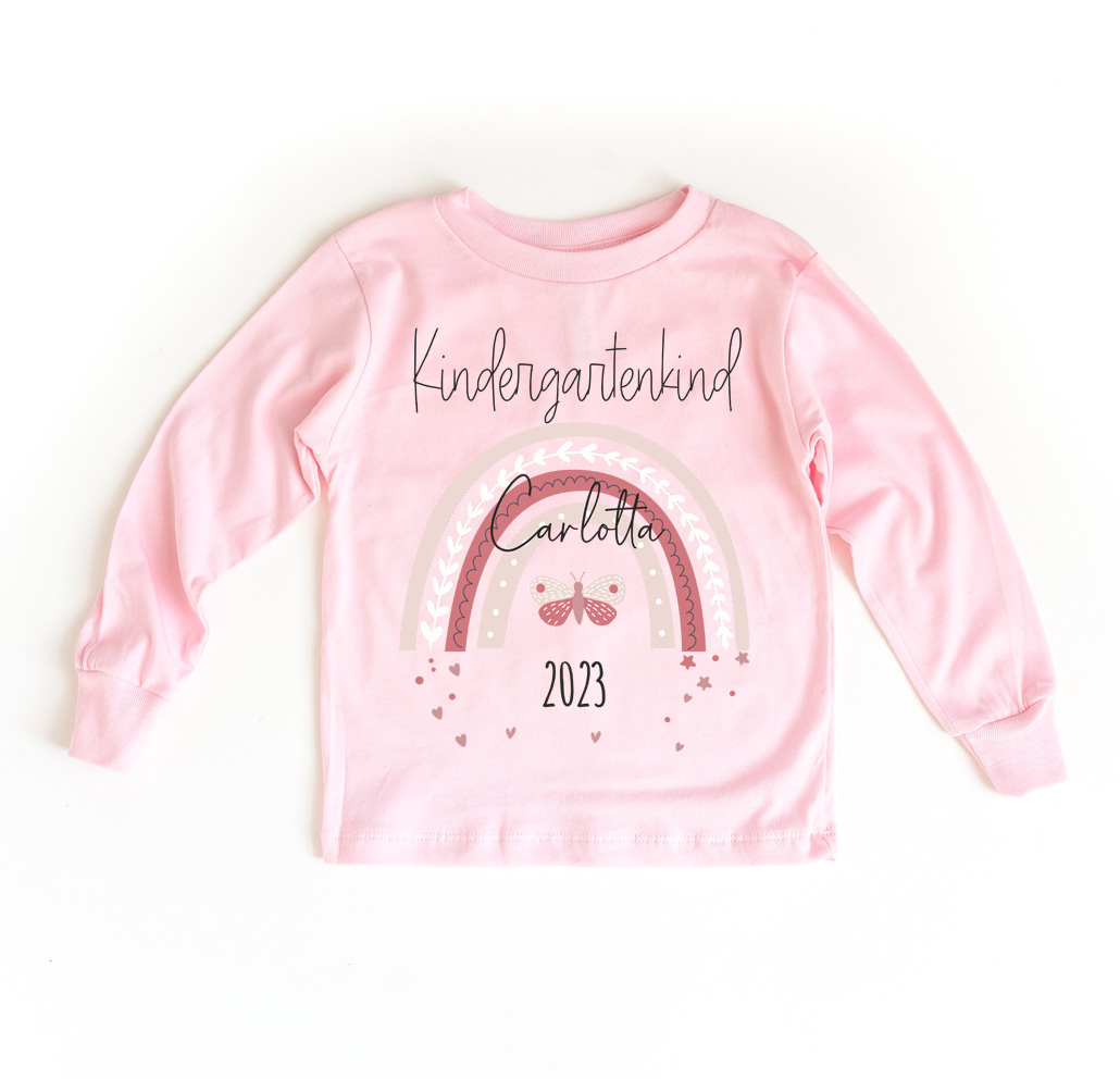 Sweatshirt Kindergartenkind für Mädchen mit Name und Motiv Regenbogen Schmetterling