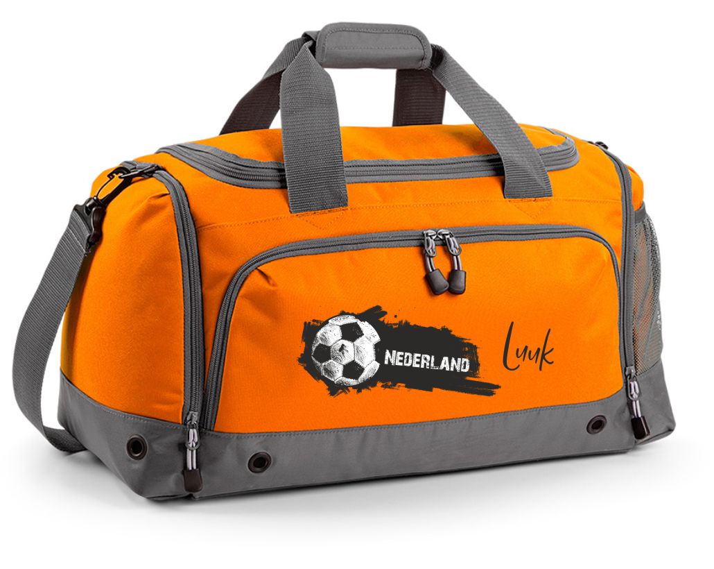 Multi-Sporttasche 41L mit Schuhfach und Feuchtfach in Orange mit Name und Niederlande