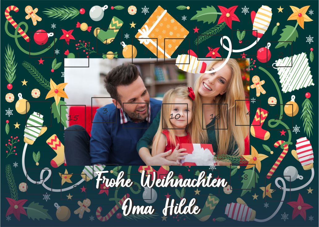 Personalisierter Adventskalender mit Schokolade und eigenem Foto mit Weihnachtshintergrund