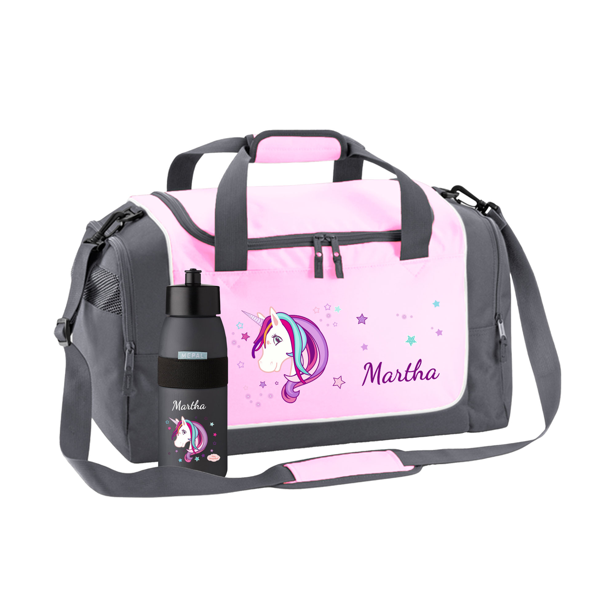 Sporttasche mit Trinkflasche 38L in Pink mit Name und Motiv Einhorn Beauty