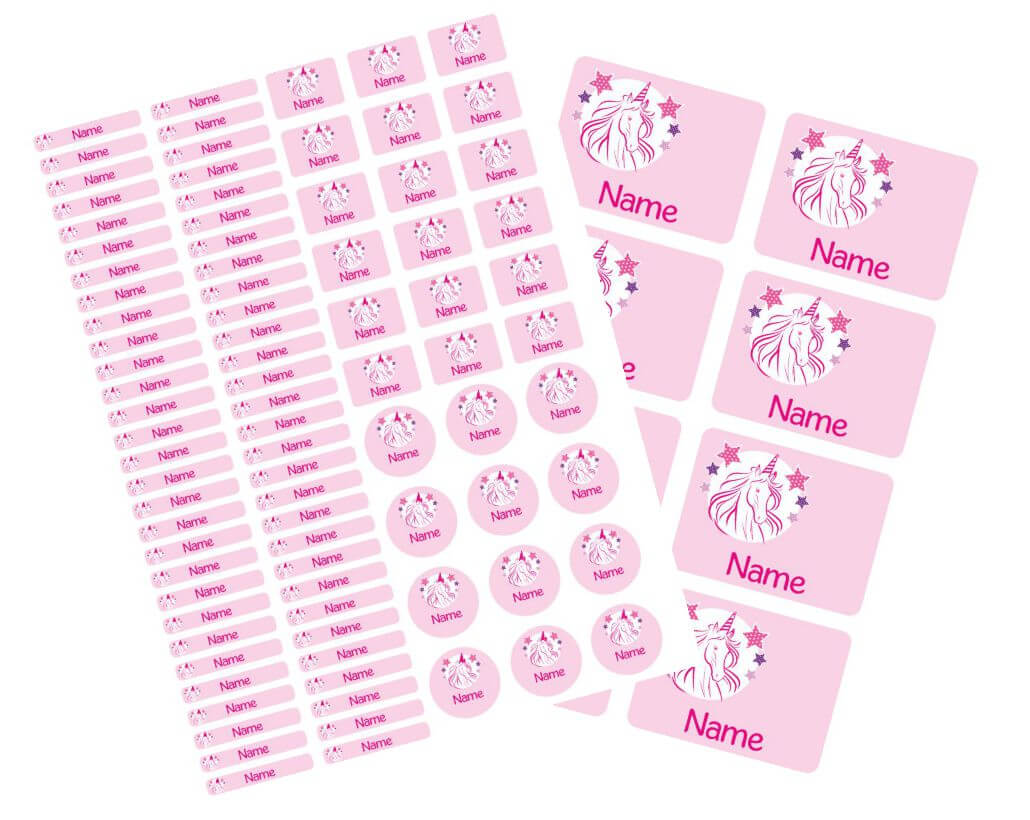Schulstarter - Set Stickerbogen mit Namensaufkleber und Heftaufkleber Einhorn Luxury