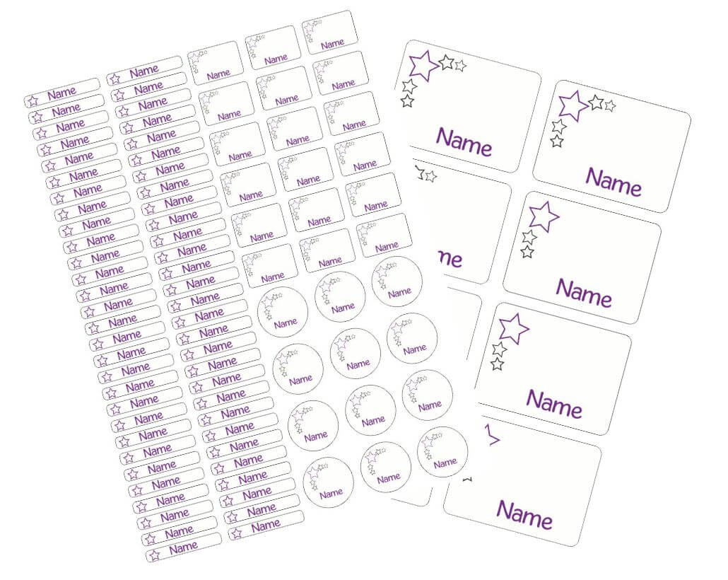 Schulstarter - Set Stickerbogen mit Namensaufkleber und Heftaufkleber Stern lila