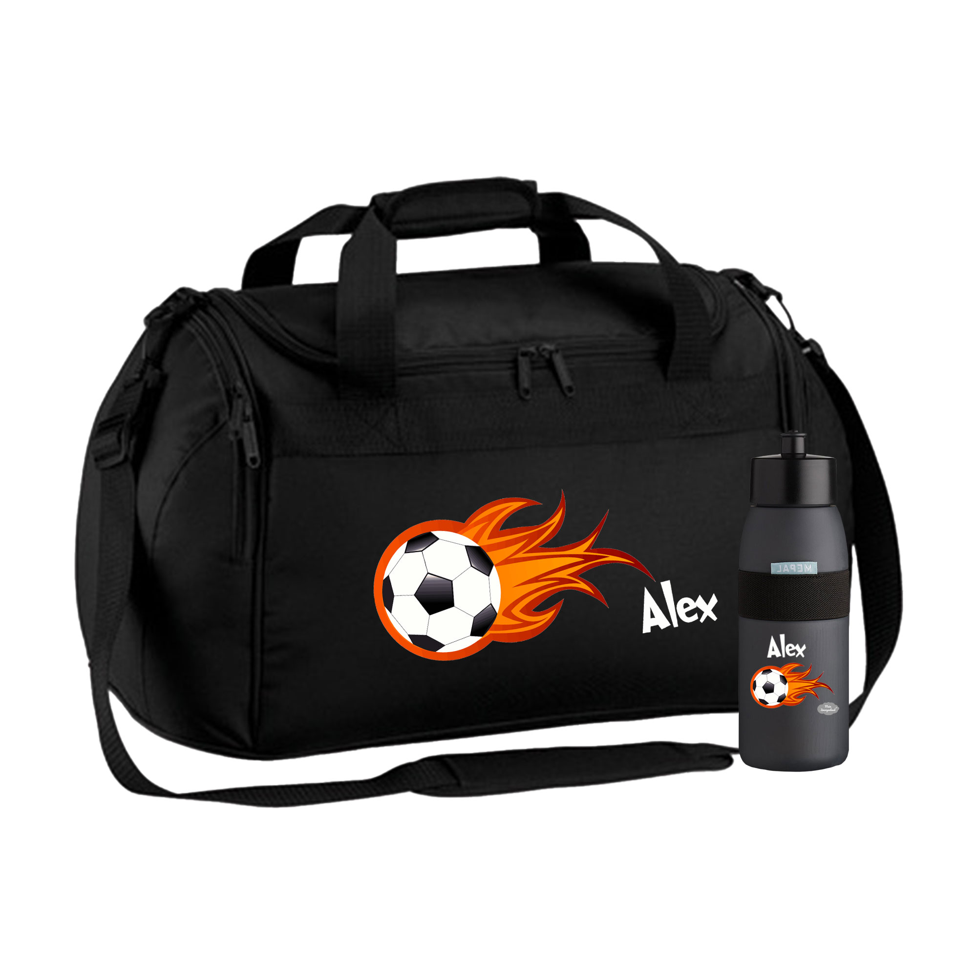 Sporttasche mit Trinkflasche 26L in Schwarz mit Name und Motiv Feuerball