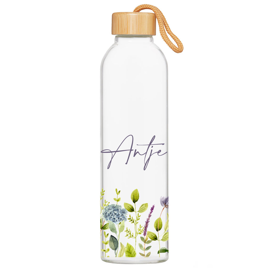 Glasflasche Luna mit Name personalisiert Motiv Blumen Hortensien