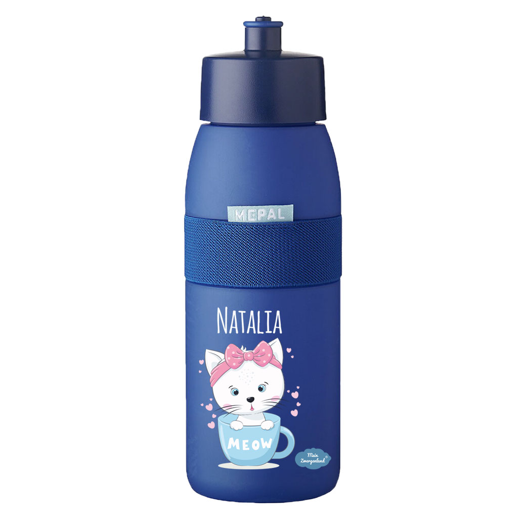 Sporttrinkflasche Ellipse in Vivid Blue mit Name und Motiv Katze in Tasse